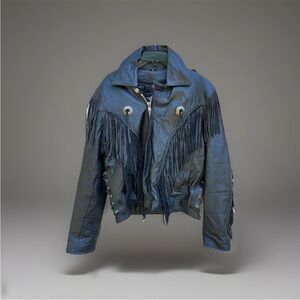 Vintage Unik Black Leather Fringe Jacket 44 Western Biker Moto Concho Statement